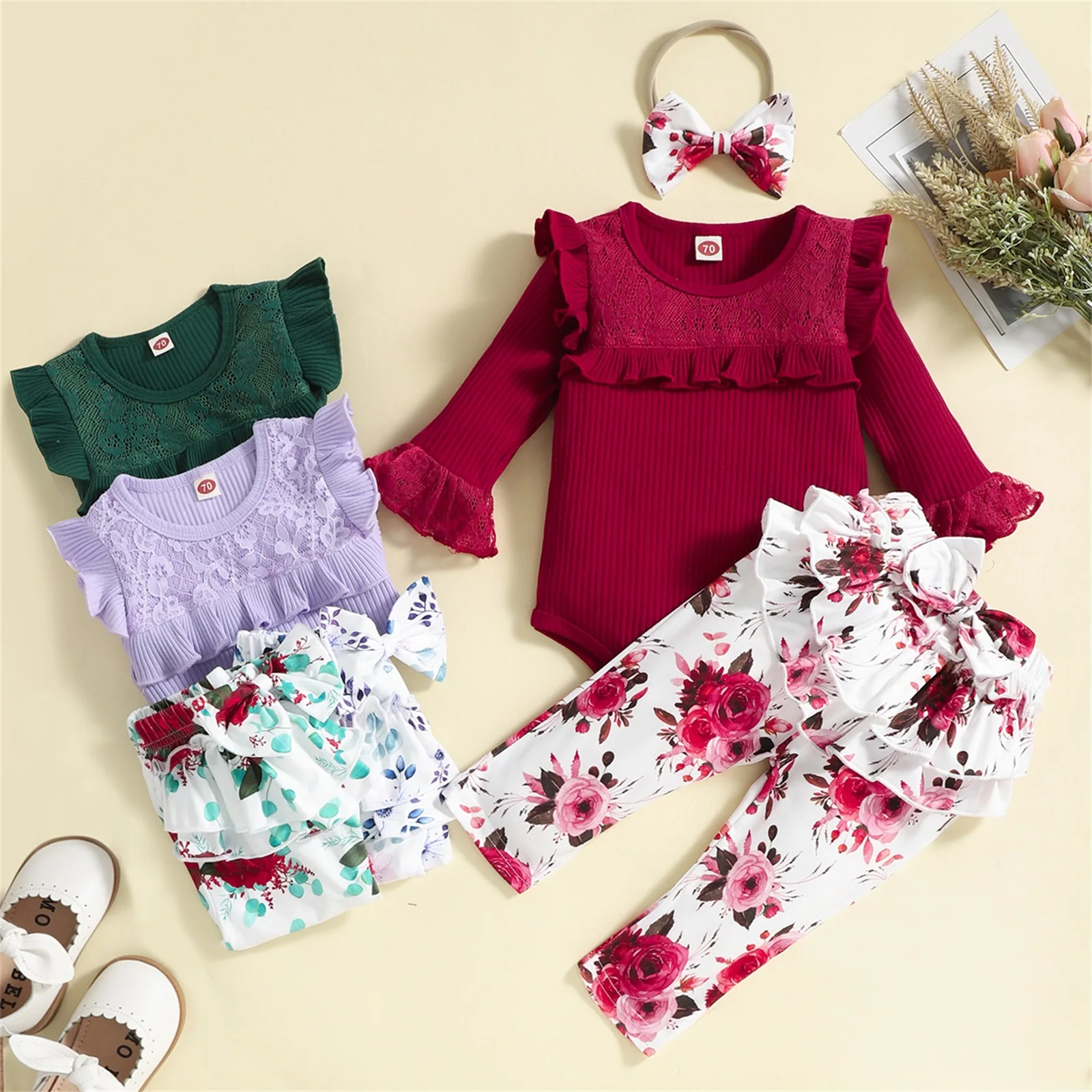 

New Baby Romper Set Ribbed Lace Long Sleeve Crewneck Jumpsuit + Floral Print Ruffle Trousers + Stretch Headband 0-24 Months