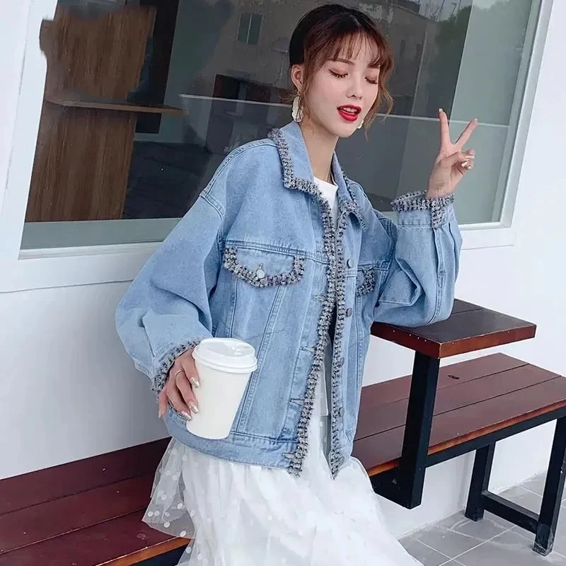 

Denim Jacket Women 2023 Spring Autumn New Korean Vintage Jeans Coat Female Pupil Edge Piping Loose Short Outerwear Top