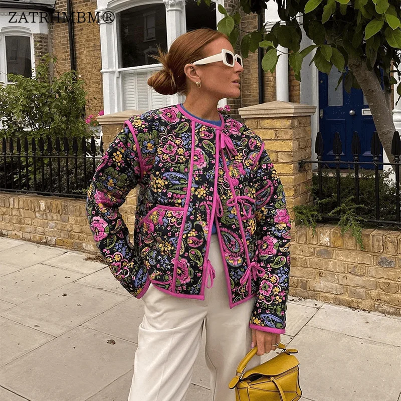 

ZATRHMBM 2023, женское модное хлопковое пальто с принтом, винтажная уличная одежда с длинным рукавом и шнуровкой, женская верхняя одежда, шикарная верхняя одежда