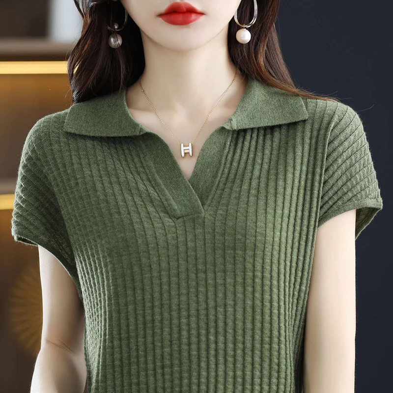

Summer Polo T-shirt Women Tops Short Sleeve Fashion Korean Knitted Female Tees Shirt Pullovers Loose Clothing New In Knitwears