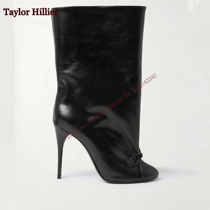 Женские сапоги из натуральной кожи с круглым носком на шпильке