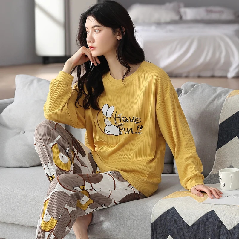 Pajamas Female Alphabet Rabbit Cotton Long-sleeved Trousers Sweet and Cute Can Be Worn Outside Home Clothes
