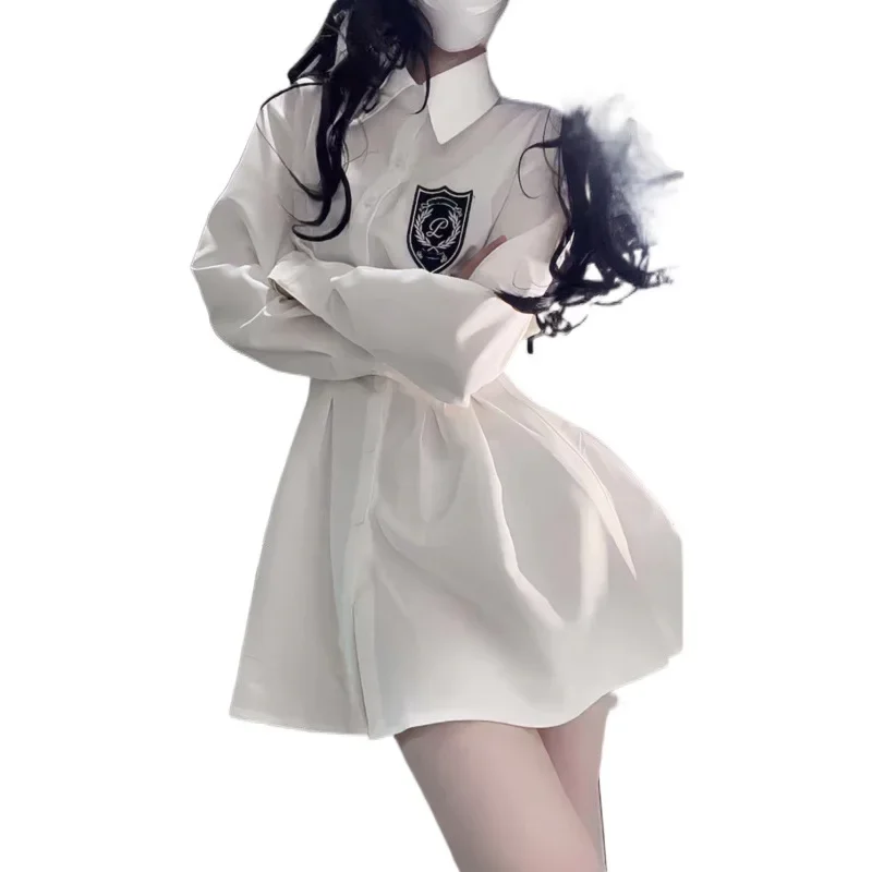 2024 весна и осень новое корейское стильное белое платье-рубашка средней длины в