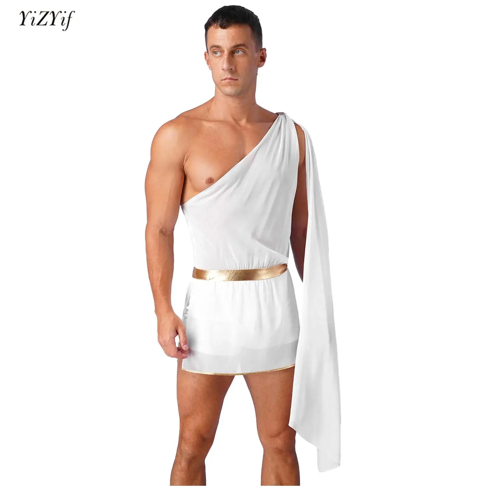 

Mens Ancient Greek God Costumes Halloween Party Mr Toga Cosplay Jumpsuit One Shoulder Shorts with Slit Skirt Bodysuit Nightclub