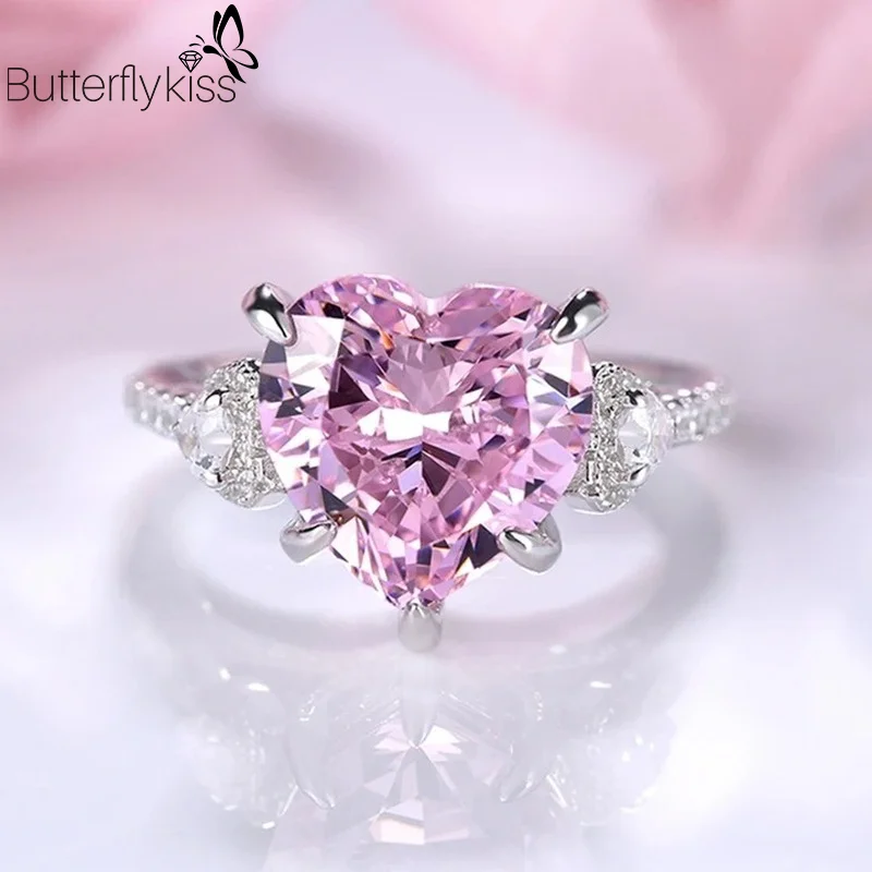 

BK Romantic 100% 925 Sterling Silver Heart Pink Sapphire Gemstone Wedding Engagement Diamonds Ring Fine Jewelry Gift Wholesale
