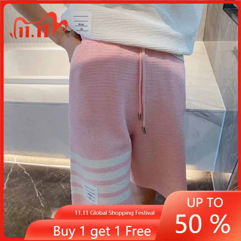 

TB Classic Four Bars Heavyweight Drum Wrapped Cotton Summer Elastic Drawstring Shorts Pink Grey Breathable Capris Fashion