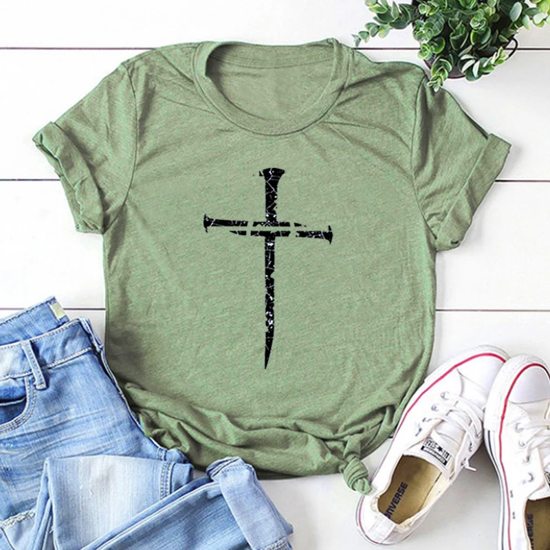 

Christ Tshirt Jesus Nail Cross Distressed Short Sleeve Graphic Tees Thanks Women Sexy Tops Funny Jesus Clothes Women Casual L