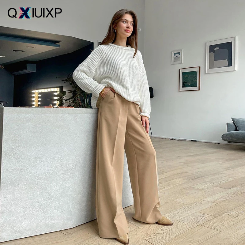 

Женские элегантные офисные свободные брюки QXIUIXP, весенне-осенние женские брюки с широкими штанинами, прямые драпированные повседневные длинные брюки XL