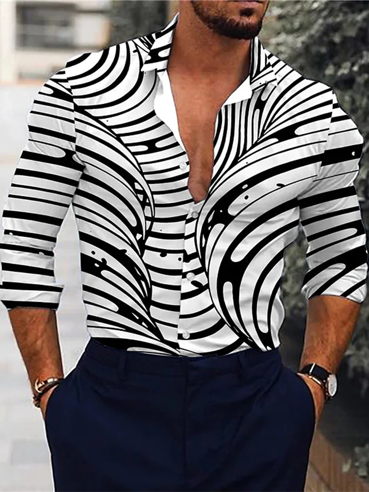 

Spring Retro Print Men's Shirts New Fashion Lapel Button Long Sleeve Slim Shirt Tops Four Seasons Casual Office Commuter Shirt