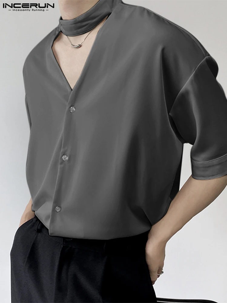 

INCERUN Men Casual Shirt Stand Collar Short Sleeve Hollow Out Men Clothing Streetwear Solid Color Korean Fashion Shirts 2022