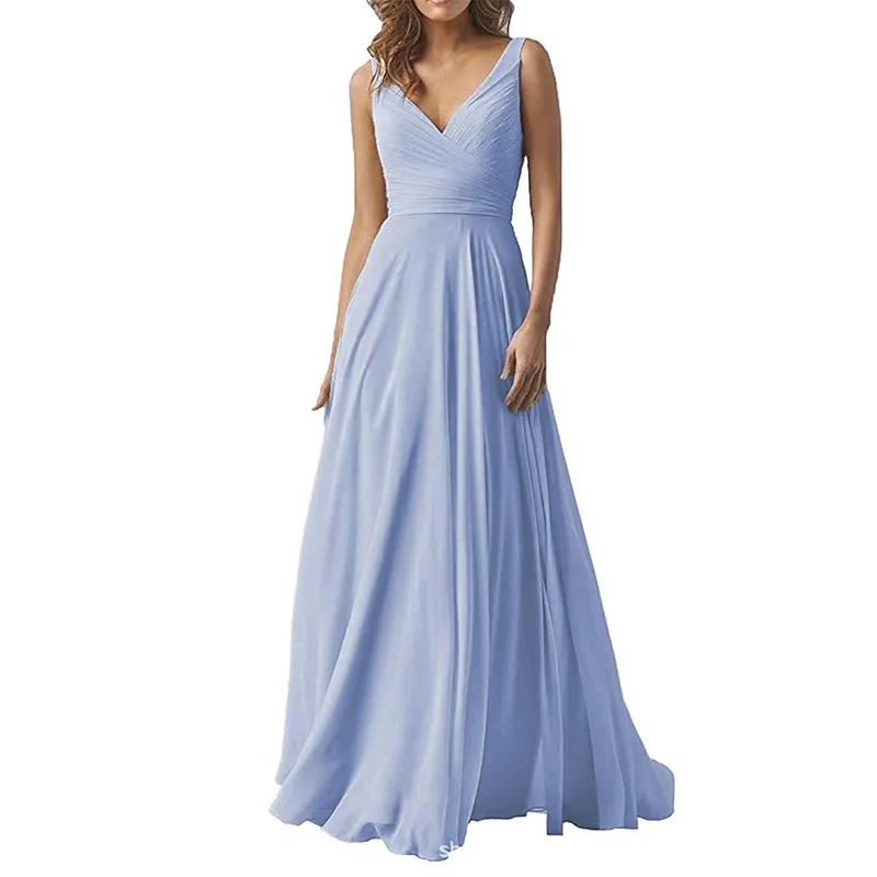 Женское длинное шифоновое платье с V-образным вырезом