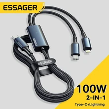 Essager 100W Cable USB C to Type C to Lighting PD Fast Charger Data 2 in 1 Quick Charging Cord For Macbook iPhone Samsung Xiaomi