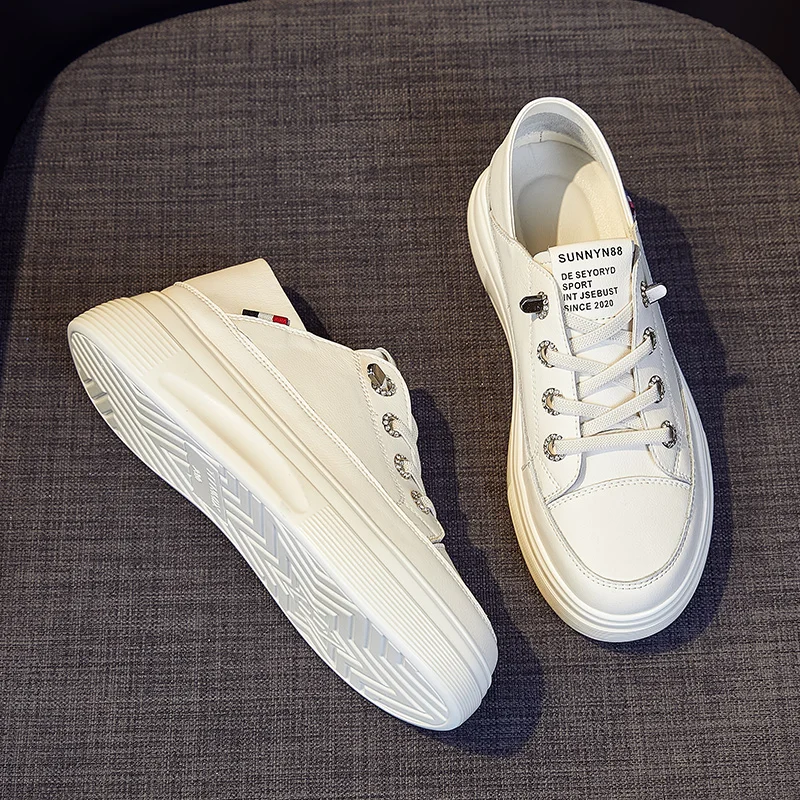 2023 women's platform sports shoes lace up fashion vulcanized shoes solid color comfortable skateboard casual white thick soled