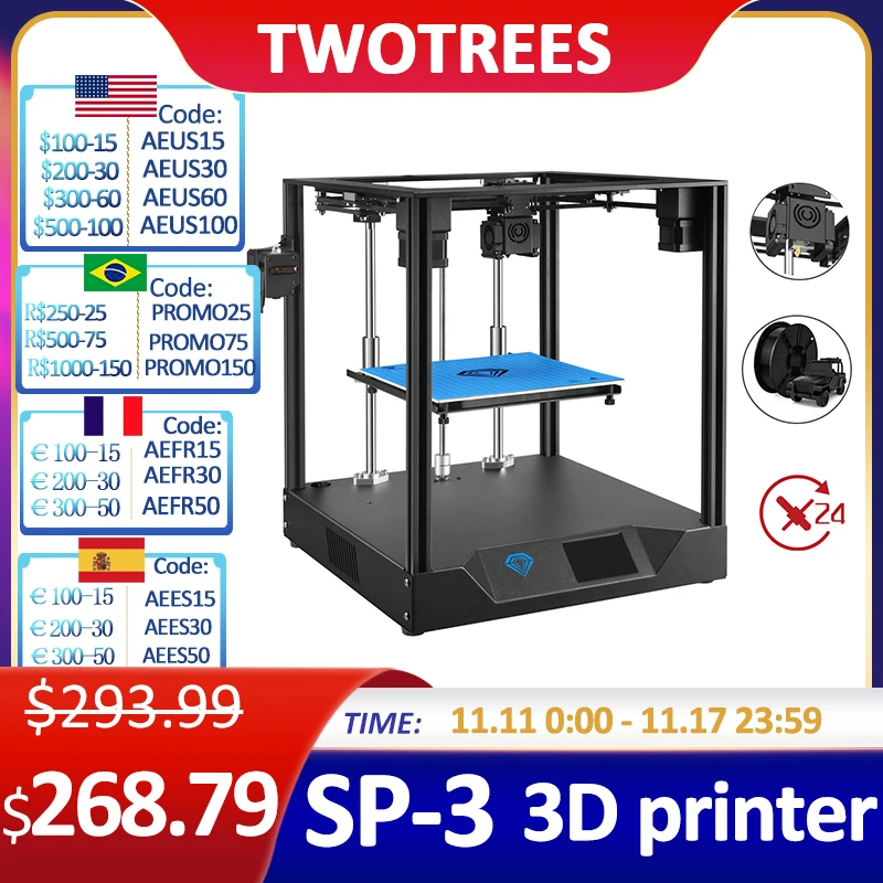 

Twotrees 3D Printer SP-3 Upgrad Dual Drive Extruder Version Resume Power Failure Printing Linear Rail 235X235mm Large Print Size