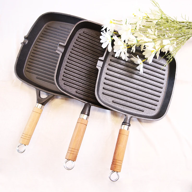 

New Square Non-Sticky Steak Frying Pan With Wooden Folding Handle Portable Grill Pan Cooking Accessory BBQ Frying Pancast Iron