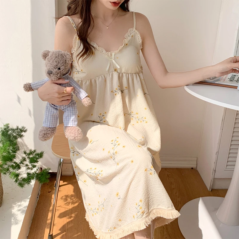 CAIYIER Summer Cute Cartoon Nightwear Korean Sweet Soft Sling Sleep Dress Kawaii Cotton Linen Women Nightgowns With Chest Pad