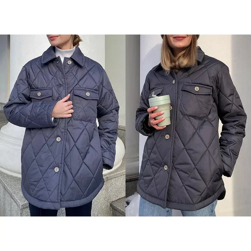 Argyle Casual Buttons Parkas Women Fashion Turn Down Collar Coats Women Elegant Pockets Cotton Jackets Female Ladies