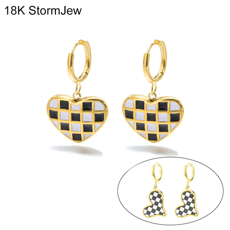 

Vintage Checkerboard Earrings For Women Girl Dripping Oil Black White Grid Heart Pendant Drop Earring Copper Jewelry Party Gifts