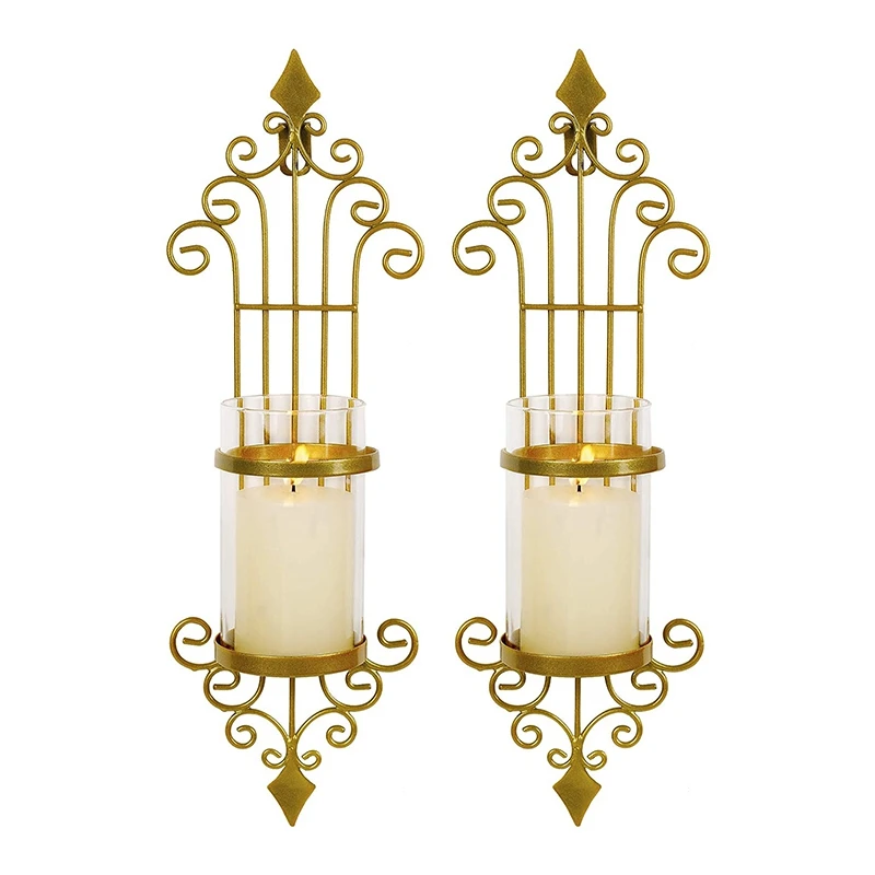 

2 Pcs Wall Sconce Candle Holder, Antique-Style Golden Metal Wall Art Decorations for Living Room, Bathroom, Dining Room