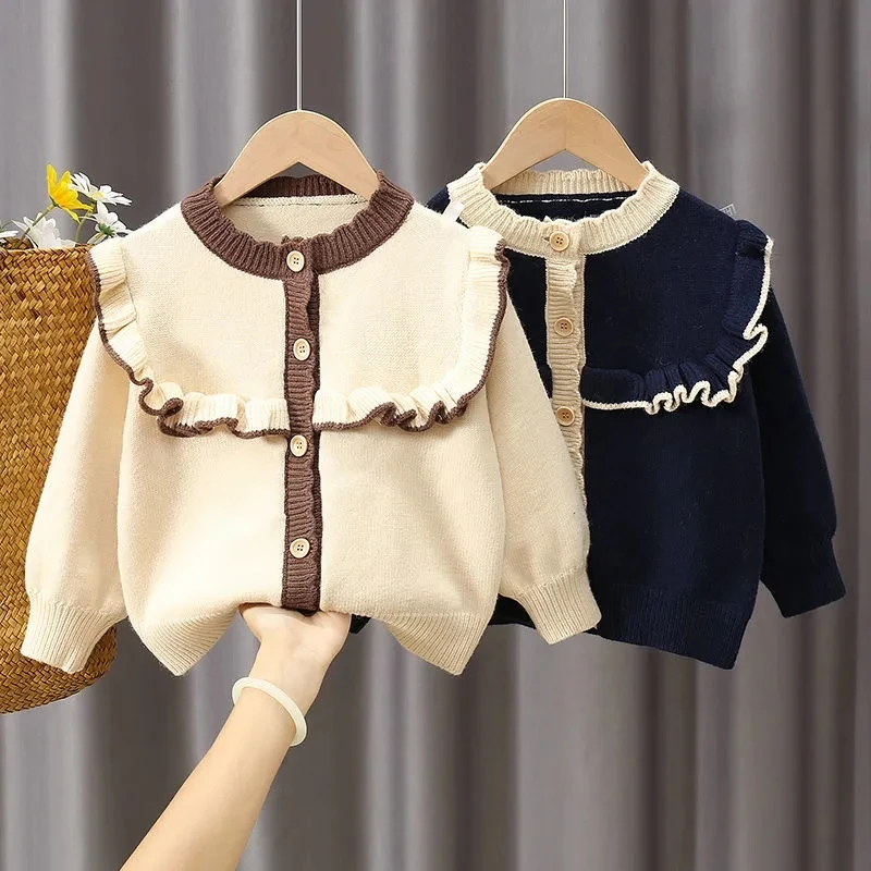 

3-11 Years Kids Soft Wool Knit Cardigans for Girls Patchwork O Neck Long Sleeve Sweaters Toddler Baby Outwear Sweater Coat
