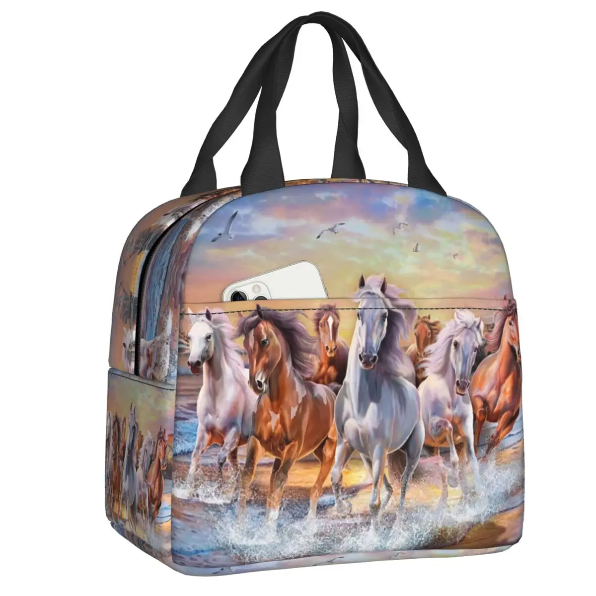 Custom Classic Horse Running Painting Lunch Bag Men Women Warm Cooler Insulated Lunch Box for Kids School