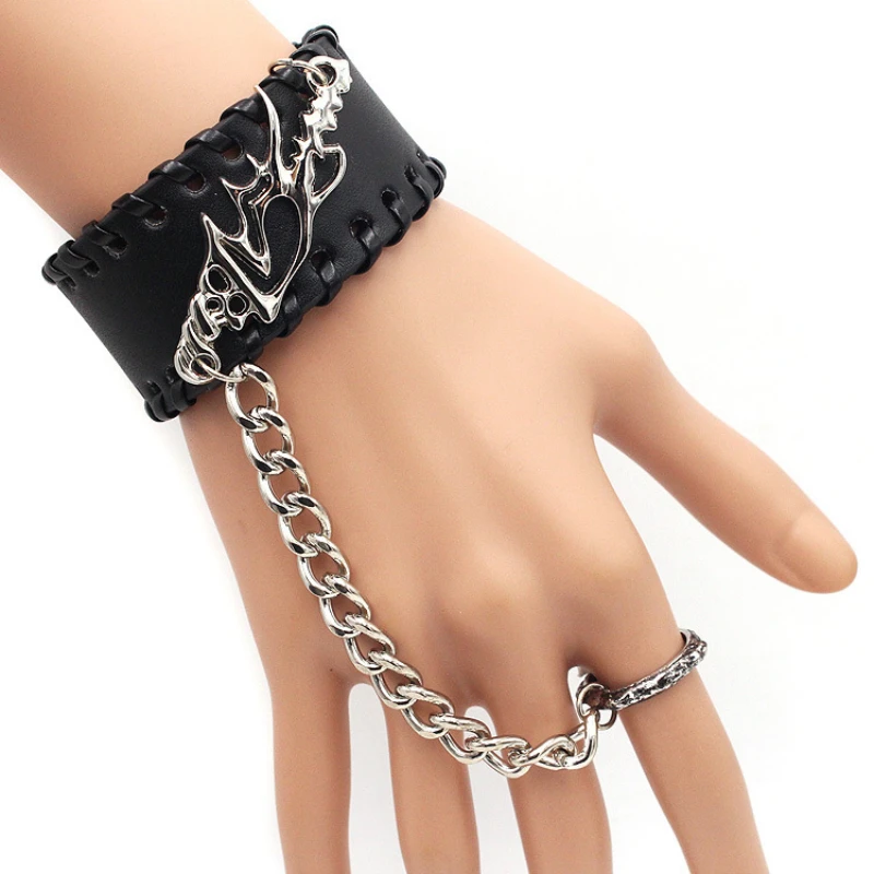 

1 Pcs Rivet Punk Jewelry White Black Leather Bracelet Braided Totem Chain Ring 2022 Fashion Hip Hop Unisex Jewelry