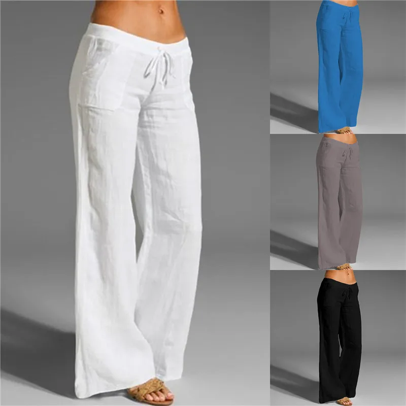 

Брюки женские с широкими штанинами, винтажные модные длинные штаны из хлопка и льна с карманами, повседневные однотонные брюки с эластичным поясом, на лето