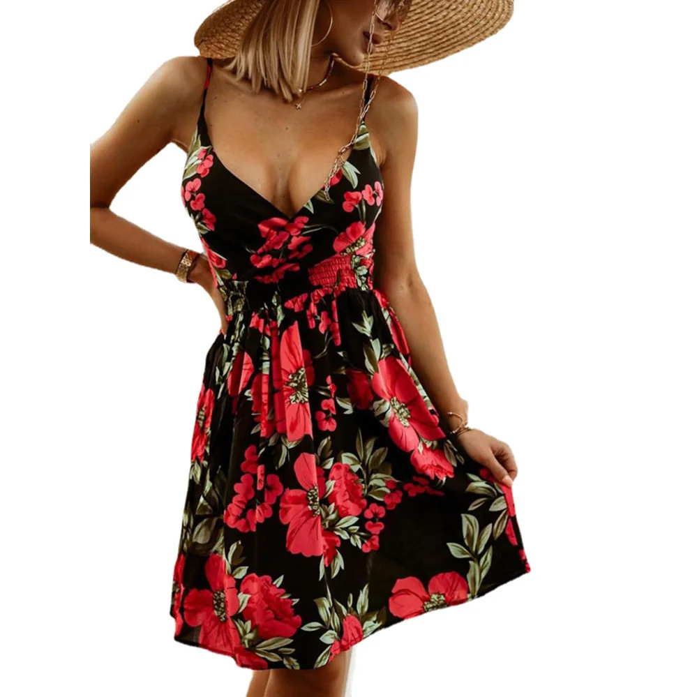 

Summer Dress Women's V Neck Spaghetti Straps Sleeveless Sexy Backless Dress Casual Floral Print Holiday Style Dresses