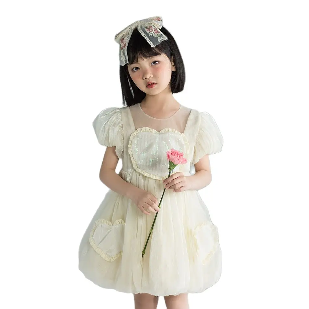 

Elegant Ball Gown Party Dresses For Teenage Girls Sequined Heart Puff Sleeve Princess Evening Wedding Chiffon Dress Kids Clothes