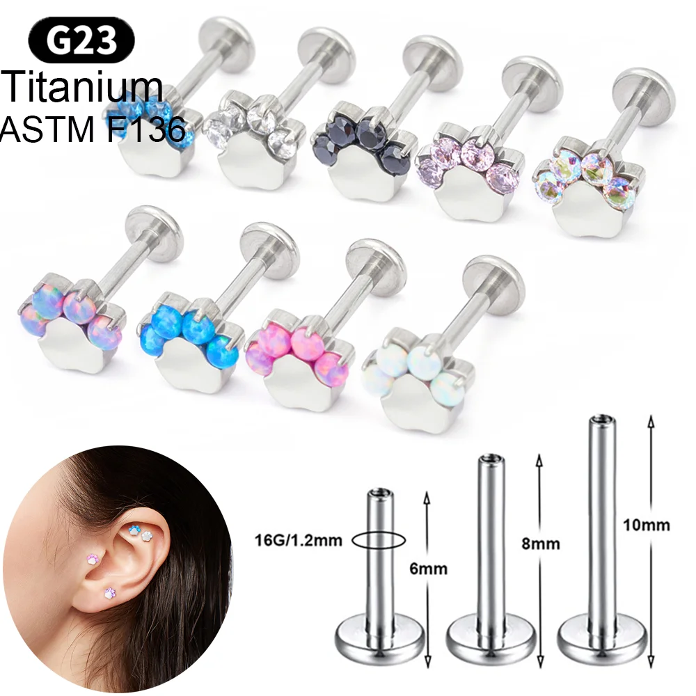 

ASTM F136 G23 Titanium Cat Claw Shape Ear Tragus Cartilage Helix Daith Piercing Stud Earrings 16G Zircon Opal Body Jewelry 1PCS