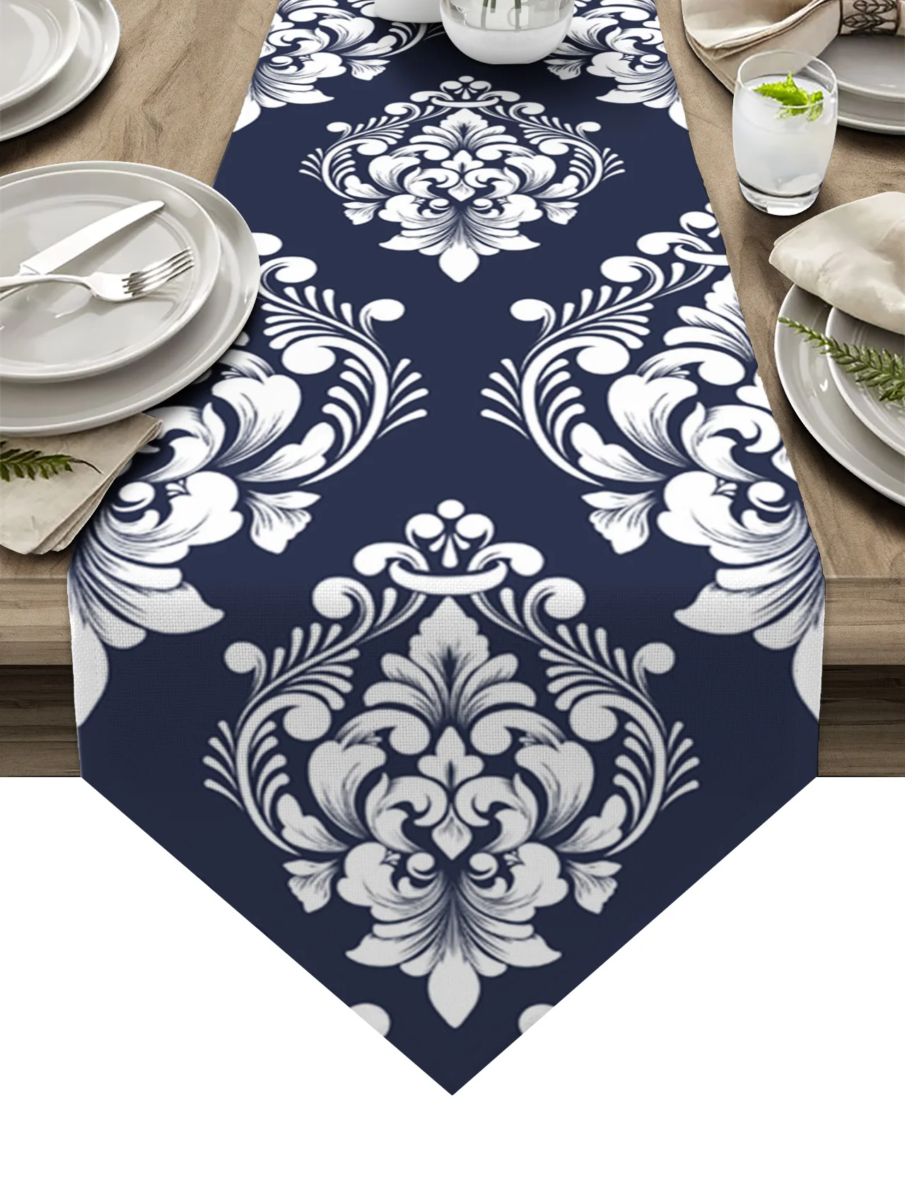 

Classic Luxury Damask Navy Blue Table Runners Festival Party Tablecloths Wedding Decor Table Cover Cotton Linen Table Runner