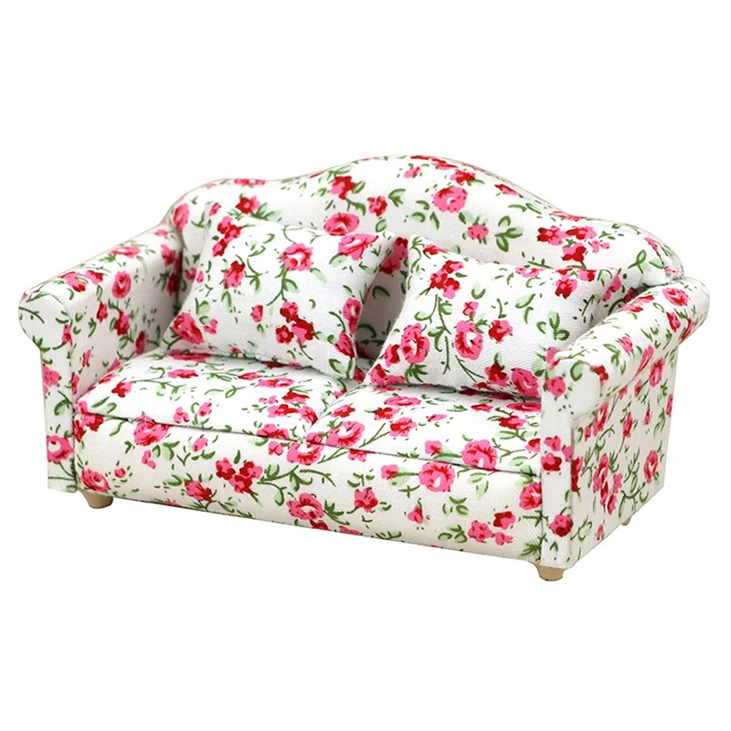 

1/12 Scale Doll House Miniature Double Sofa With Pillow Simulation Furniture Toys For Dollhouse Decoration Accessories