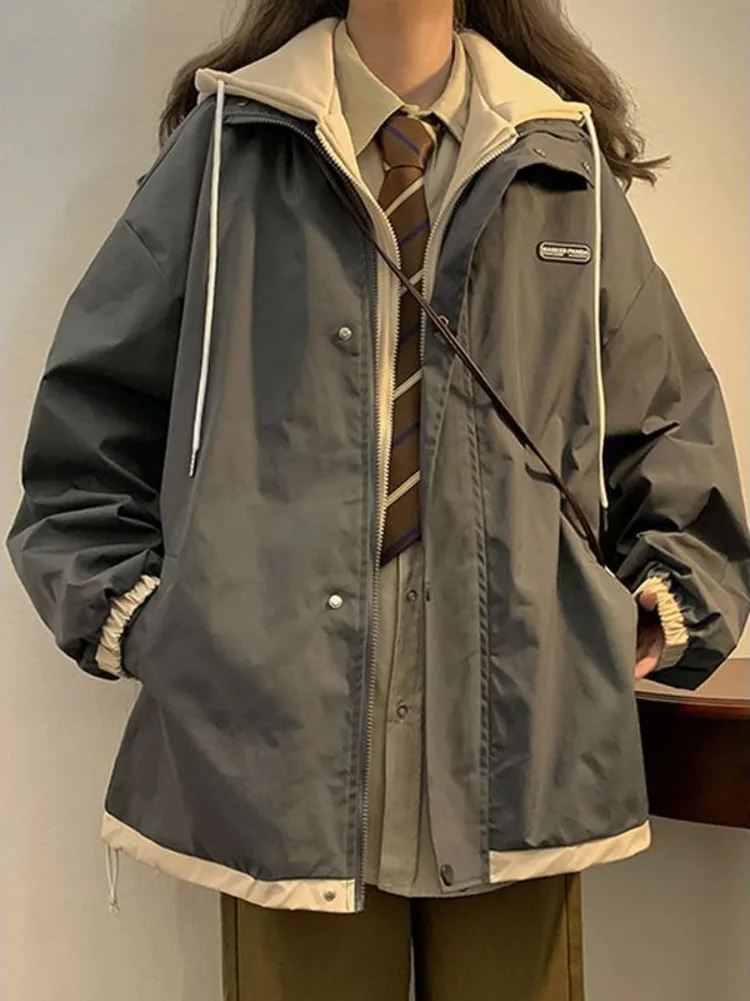 

Fake 2PCS Patchwork Hooded Jacket Women Men Spring Autumn Jackets Casual Windbreaker Cargo Coat Loose Outerwear Streetwear