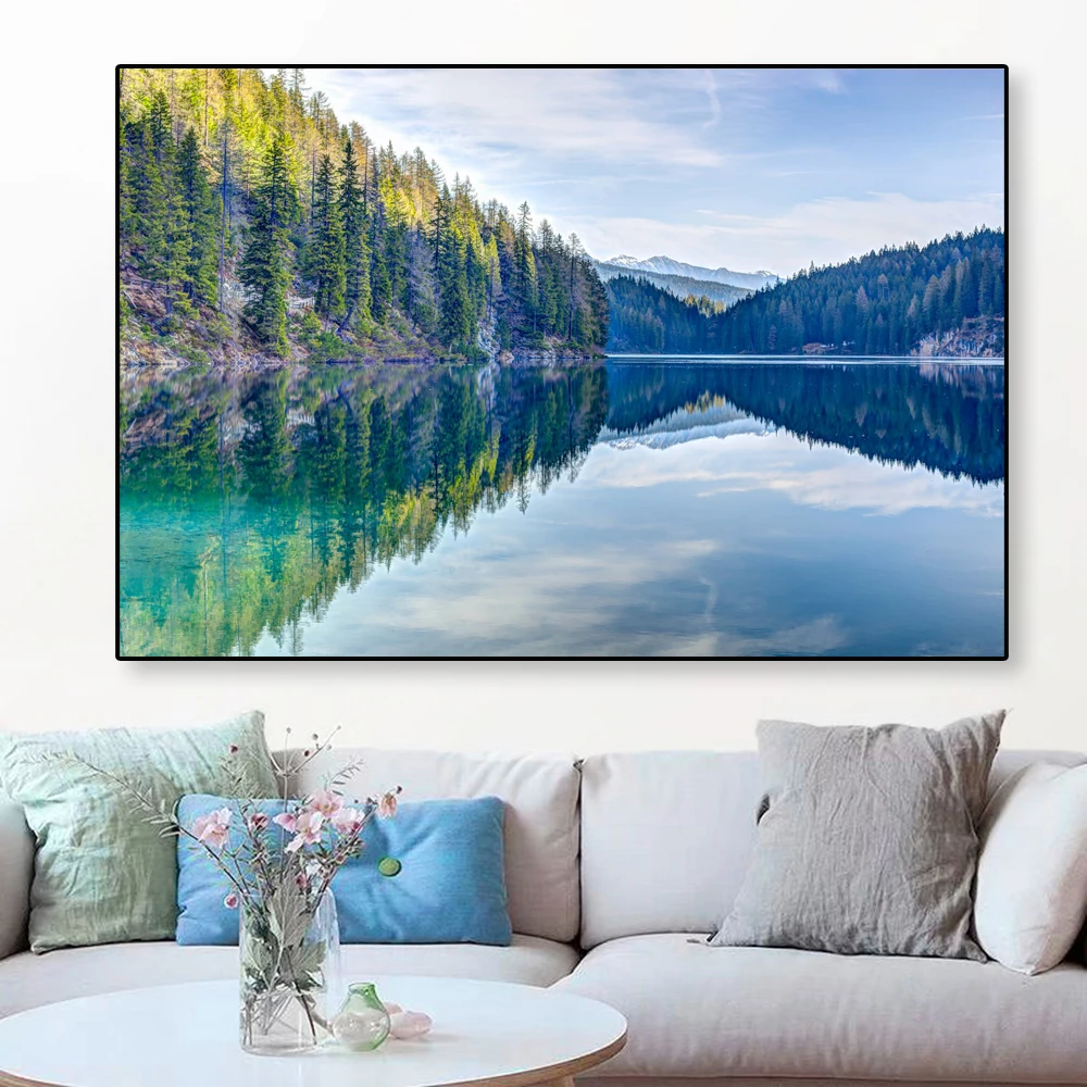 Современный пейзаж Картина на холсте озеро лес камень Горный природа картина
