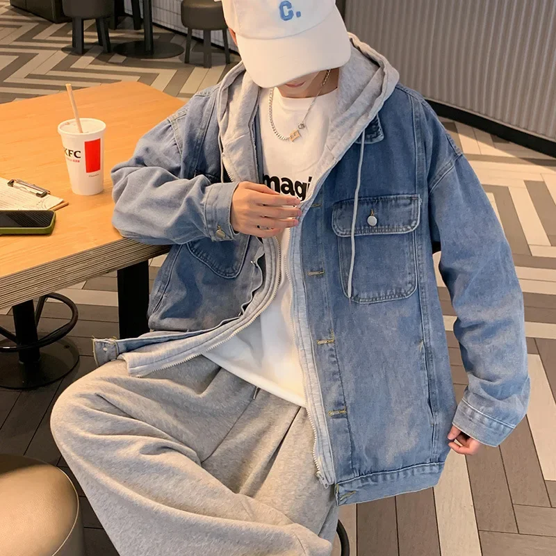 Trendy Denim Jacket For Men Loose Fit Hooded Versatile Autumn/Winter Fashion Ins Two-Piece Illusion Top Casual Scene