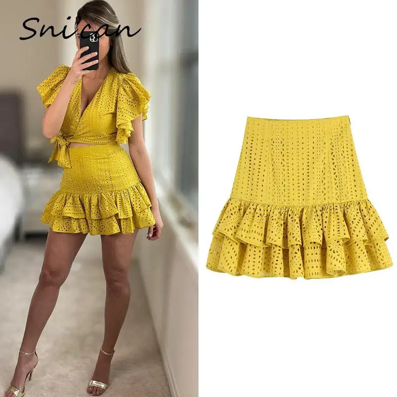 

Yellow Cascading Ruffle Skirt Women Fashion Summer Embroidery A Line High Waist Ladies Faldas Mujer Chic Female Bottom 2022 New