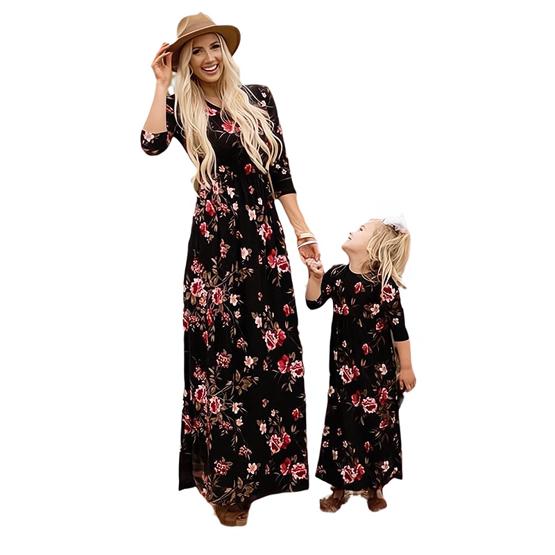 

Mother And Daughter Matching Winter Dress Autumn Long Sleeve Mom And Daughter Dresses Clothes Flower Printed Long Maix Dress