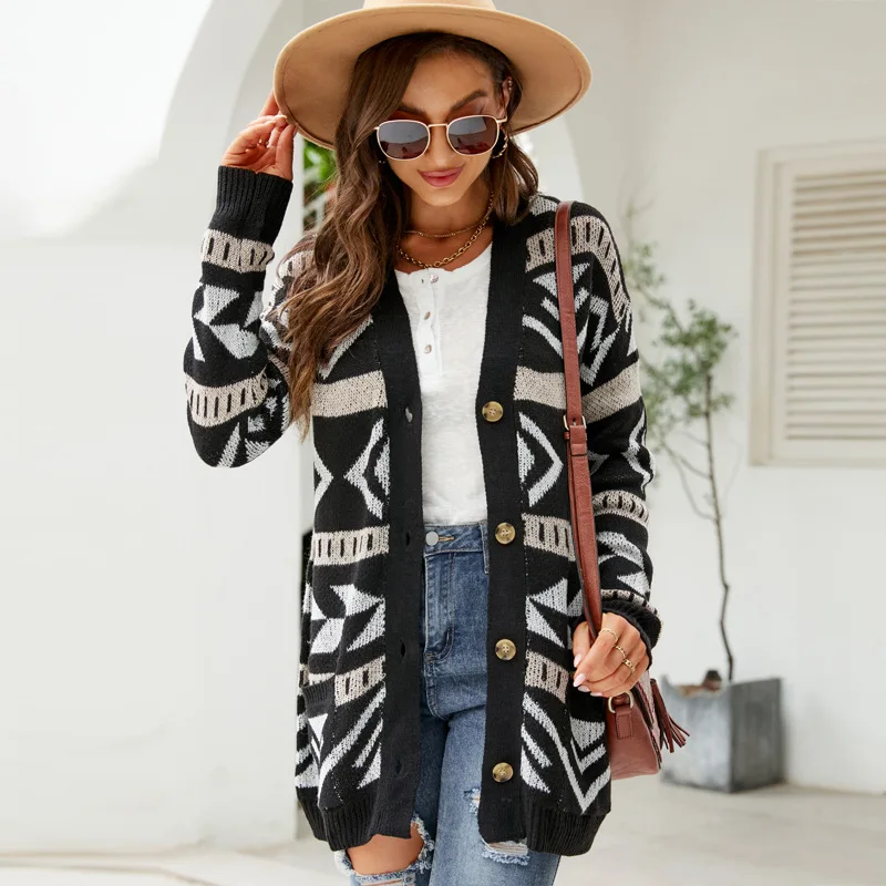 

Popular 2023 Autumn/Winter New Women's Diamond Loose Knitted Cardigan Jacquard Mid Length Sweater Coat cardigan feminino
