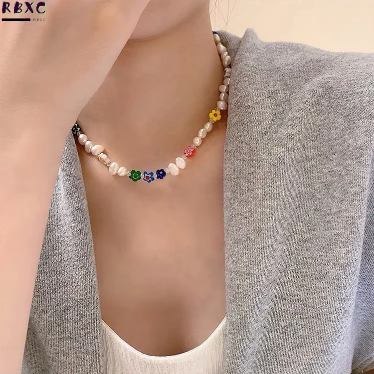 

Colorful Flowers Natural Pearl Splicing Necklace Women's 2022 Women's Light Luxury Niche High-grade Collarbone Chain Neck Chain