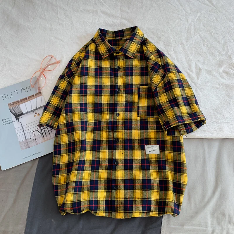 Mens Plaid Shirts Harajuku 2022 Summer Vintage Button Up Short Sleeve Shirts Male Korean Fashions Trend All-match Blouses
