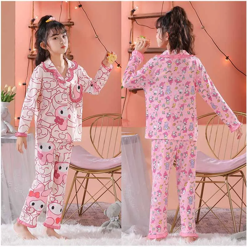 

Sanrios Anime Cute Children Pajamas My Melody Cinnamoroll Kuromi Cartoon Kawaii Girls Home Clothing Long Sleeve Pants Suit
