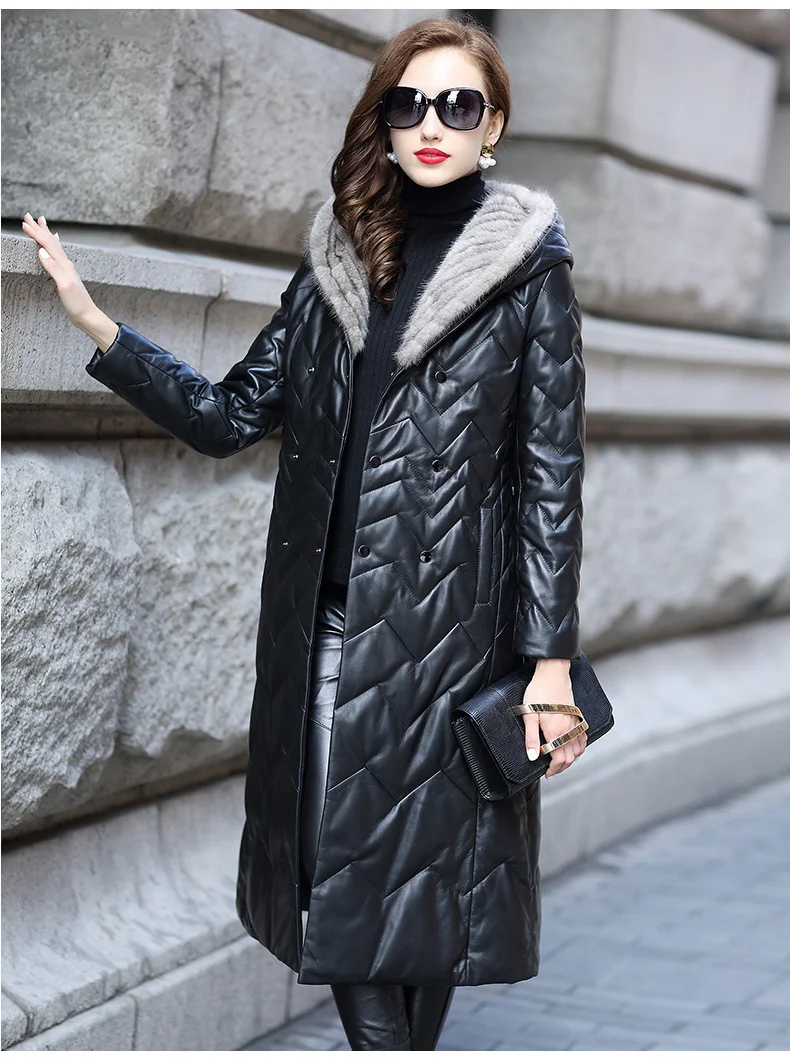 

2023Leather jacket,Genuine Leather Jacket Real Sheepskin Coat Natural Knitted Mink Fur Hooded Long Women's Down Jackets HQ18-CJX