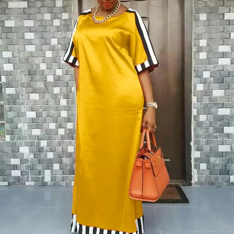 

Women Bohemian Maxi Long Dress 2022 VONDA Round Neck Striped Long Maxi Dress Beach Baggy Half Sleeve Vestido Robes Longue