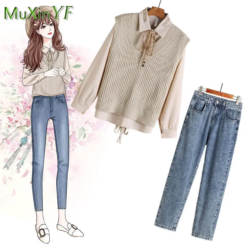 

Women's 2022 Fall/Winter New Fashion Knitted Vest + Casual Shirt + Jeans Three-piece Korean Elegant All-match Denim Pants Suit