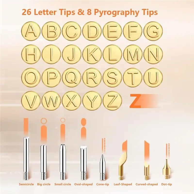 Фото Набор для пирографии M12K: Профессиональный инструмент для выжигания по дереву, 26 букв, регулировка температуры, ручка для пирографии, вилка стандарта США №2