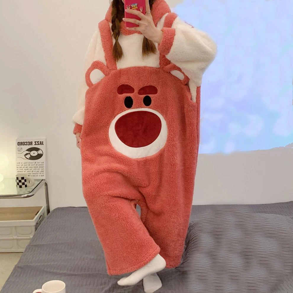 Winter Warm Pajamas Set Jumpsuits Women Coral Fleece Sleepwear Kigurumi Animal Bear Onesie Cartoon Thicken Plus Size Pyjamas