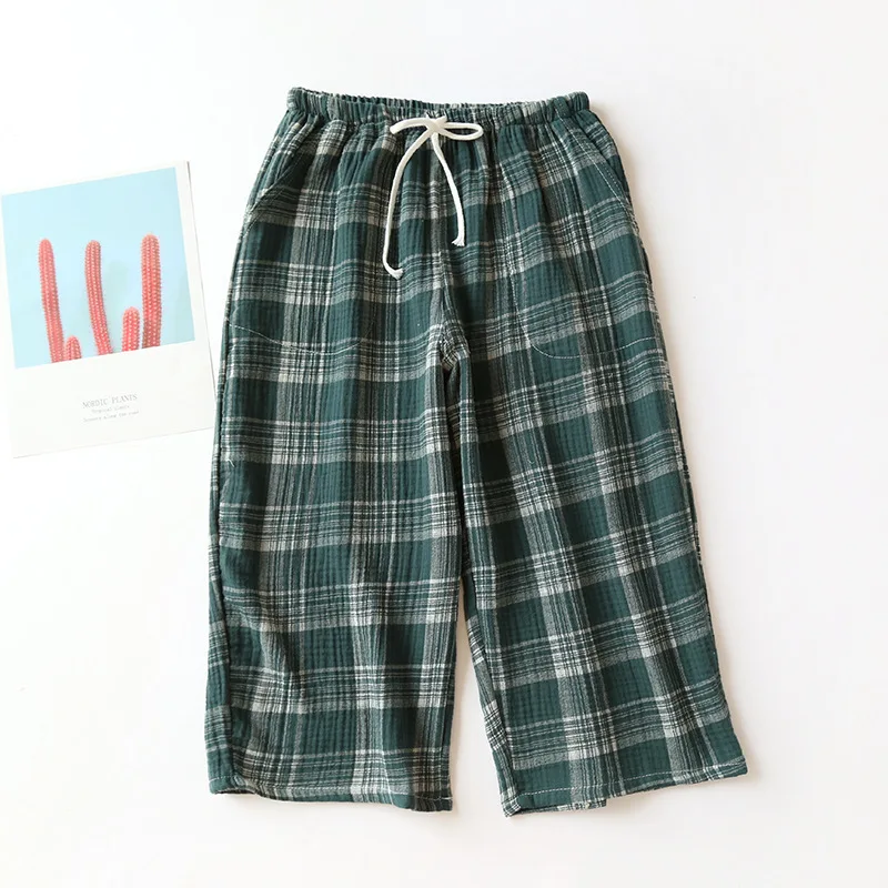 Men's Cotton Gauze Trousers Plaid Knitted Sleeping Pants Man Pajamas Pants Bottoms Sleepwear Male Thin Calf-length Sleep Bottoms