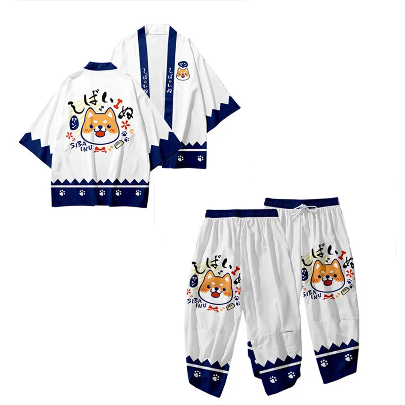 

XXS-6XL sevimli Shiba Inu bask japon tarz moda Kimono ve pantolon seti erkekler hrka bluz Haori Obi asya kyafetleri