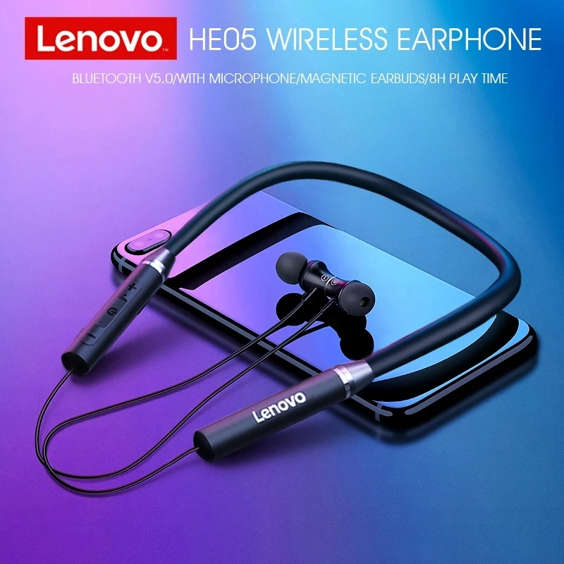 

Original Lenovo HE05 Wireless Headset Bluetooth Earphone Magnetic Neckband Noise Cancelling with Mic Waterproof Stereo Earbuds