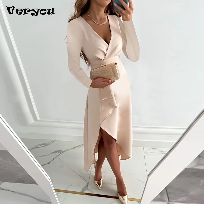 

New Elegant Party Women Dress Sashes Slim V-Neck Long Sleeve Forked Sexy Dress 2022 Casual Office Lady Solid Autumn Dresses
